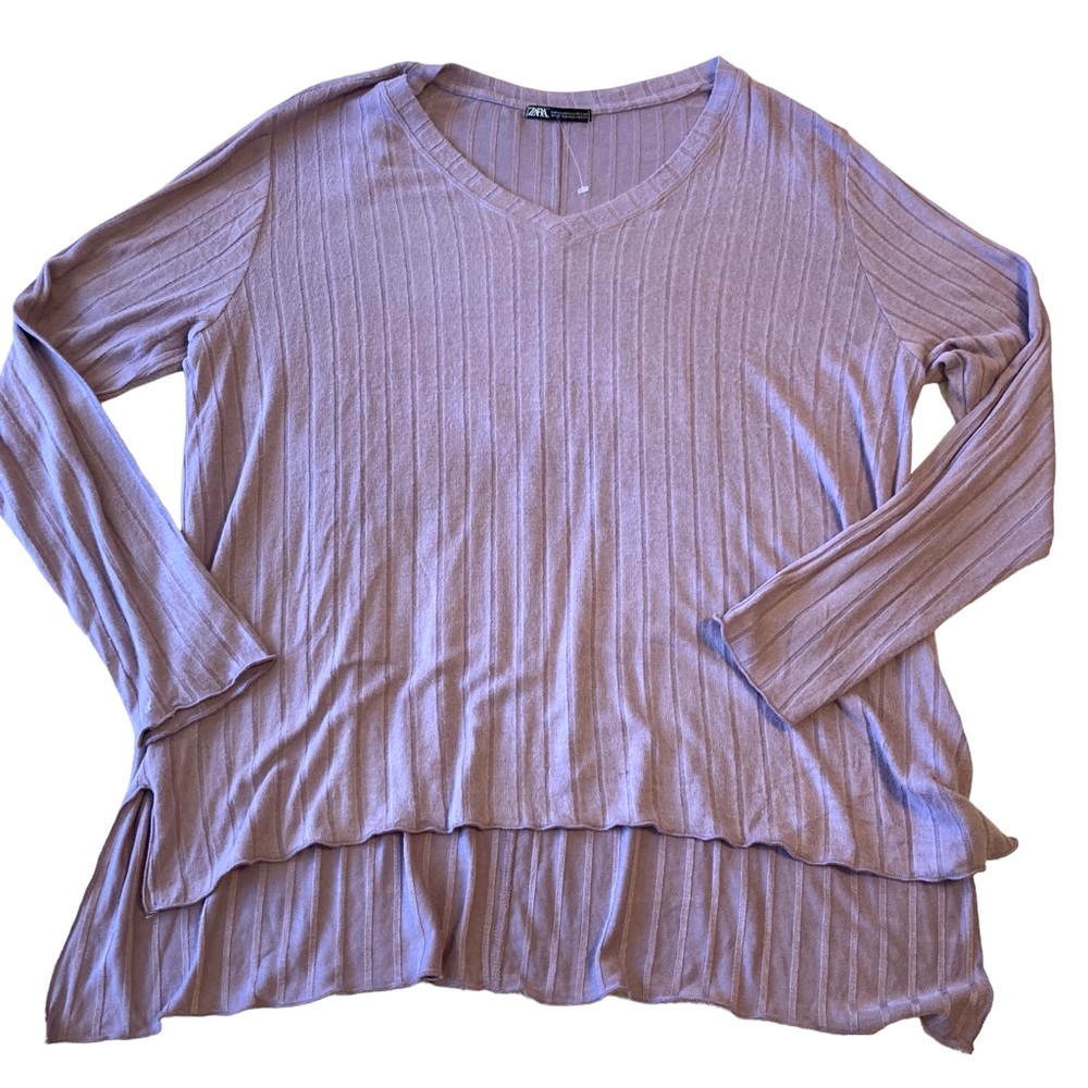 Zara ribbed v-neck tunic sweater high low hem size XXL large NWOT lavender